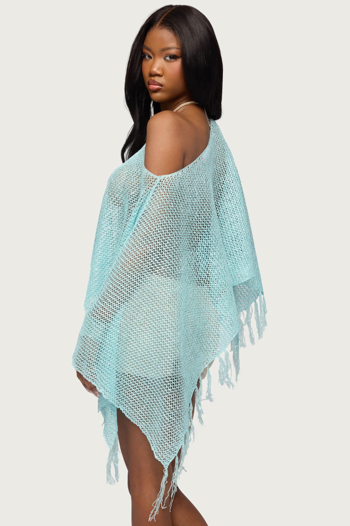 Sequin Fringe Knit Poncho - Image 5