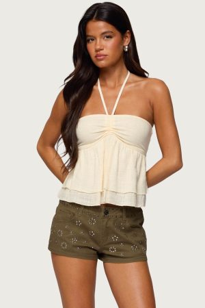 Layered Linen Look Babydoll Halter Top