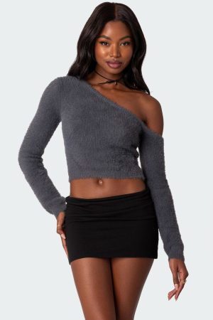 Frannie One Shoulder Fuzzy Knit Top