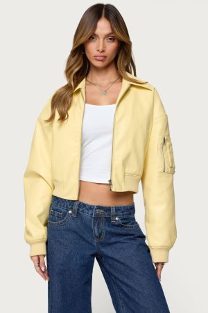 Zayna Cropped Faux Leather Bomber Jacket