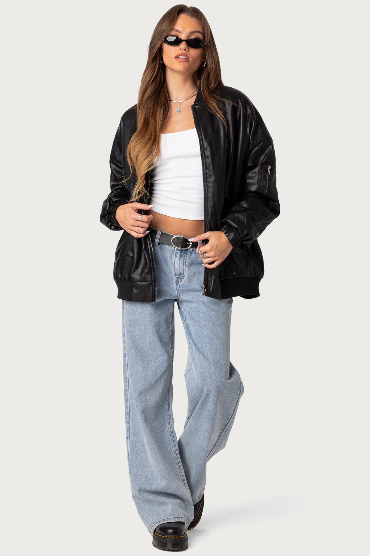 Faux Leather Oversized Bomber Jacket - Image 2