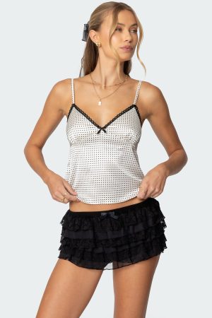 Polka Dot Satin Effect Lace Trim Top