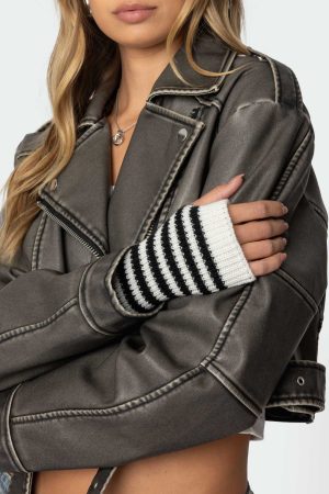 Striped Knit Fingerless Gloves