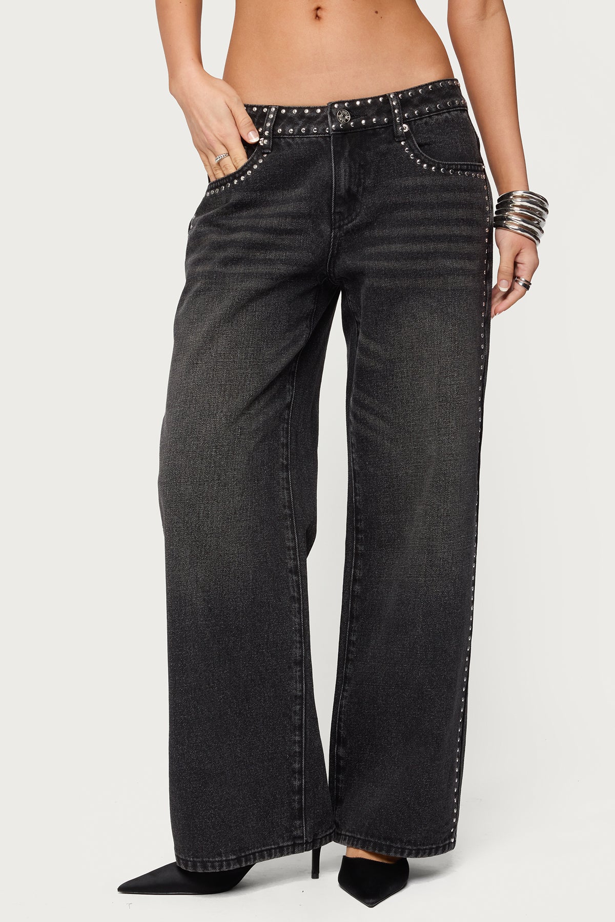 Petite Quincy Studded Low Rise Baggy Jeans - Image 2