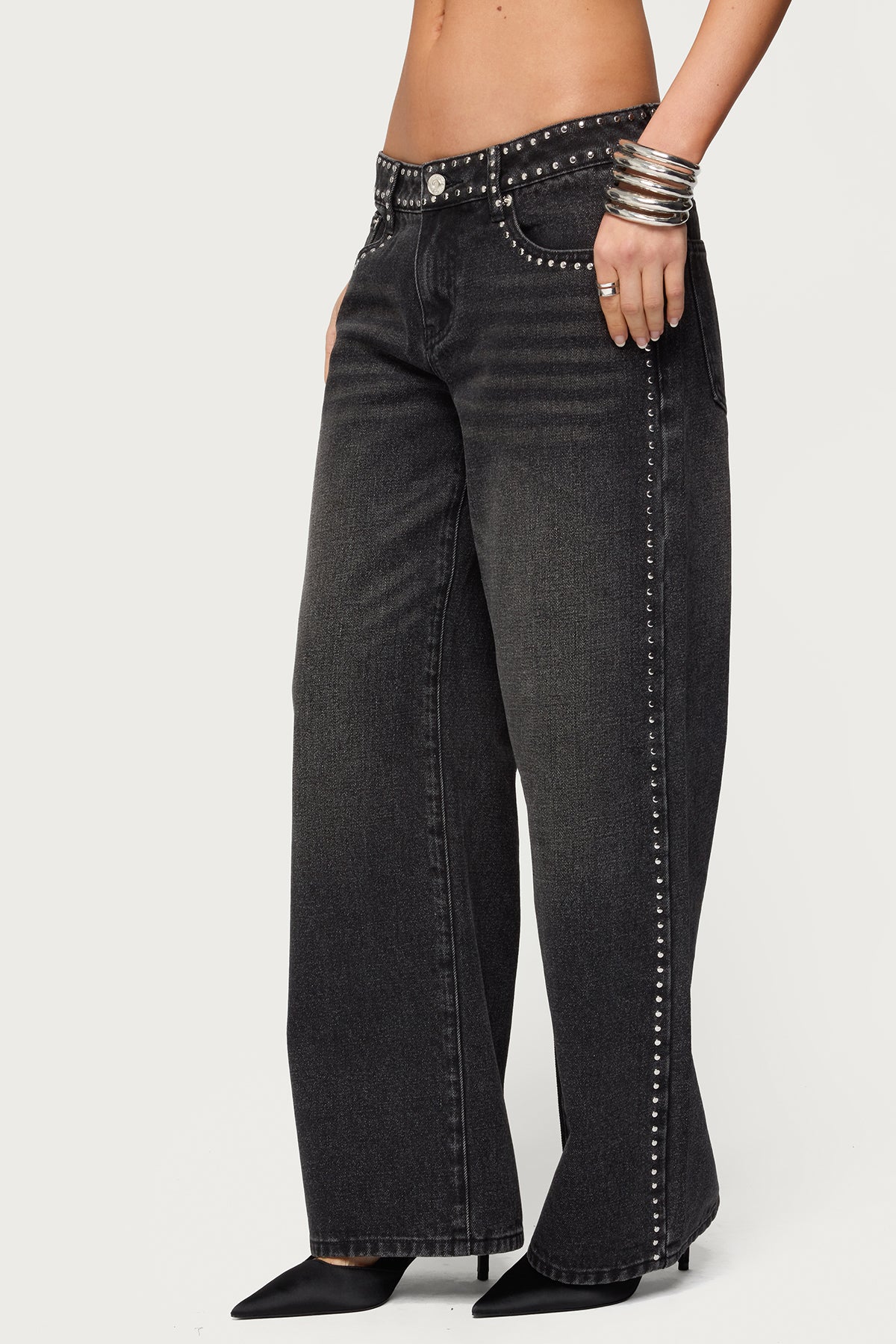 Petite Quincy Studded Low Rise Baggy Jeans - Image 3