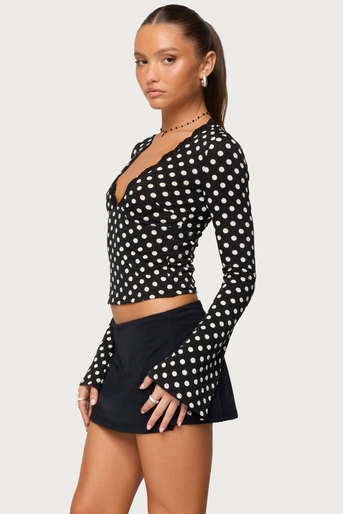 Polka Dot Lacey Plunge Neck Top - Image 3