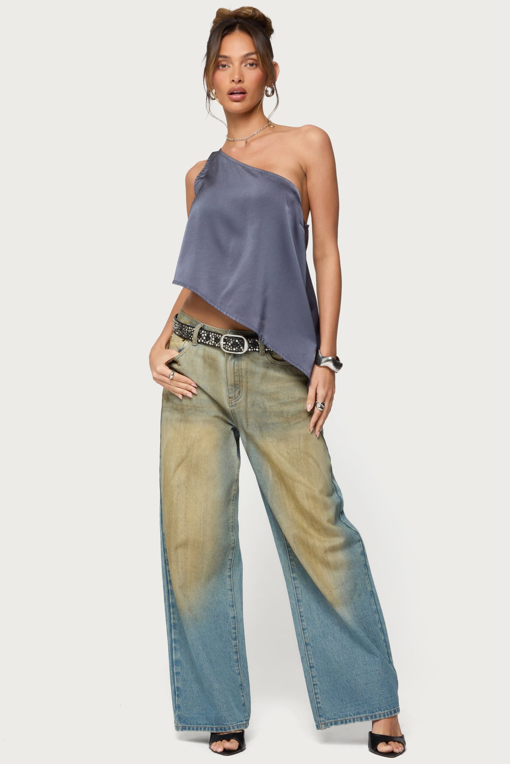 Asymmetric Satin Effect One Shoulder Top - Image 5
