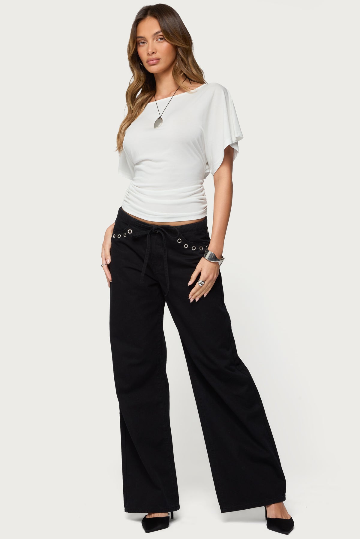 Grommet Tie Waist Low Rise Baggy Jeans - Image 3
