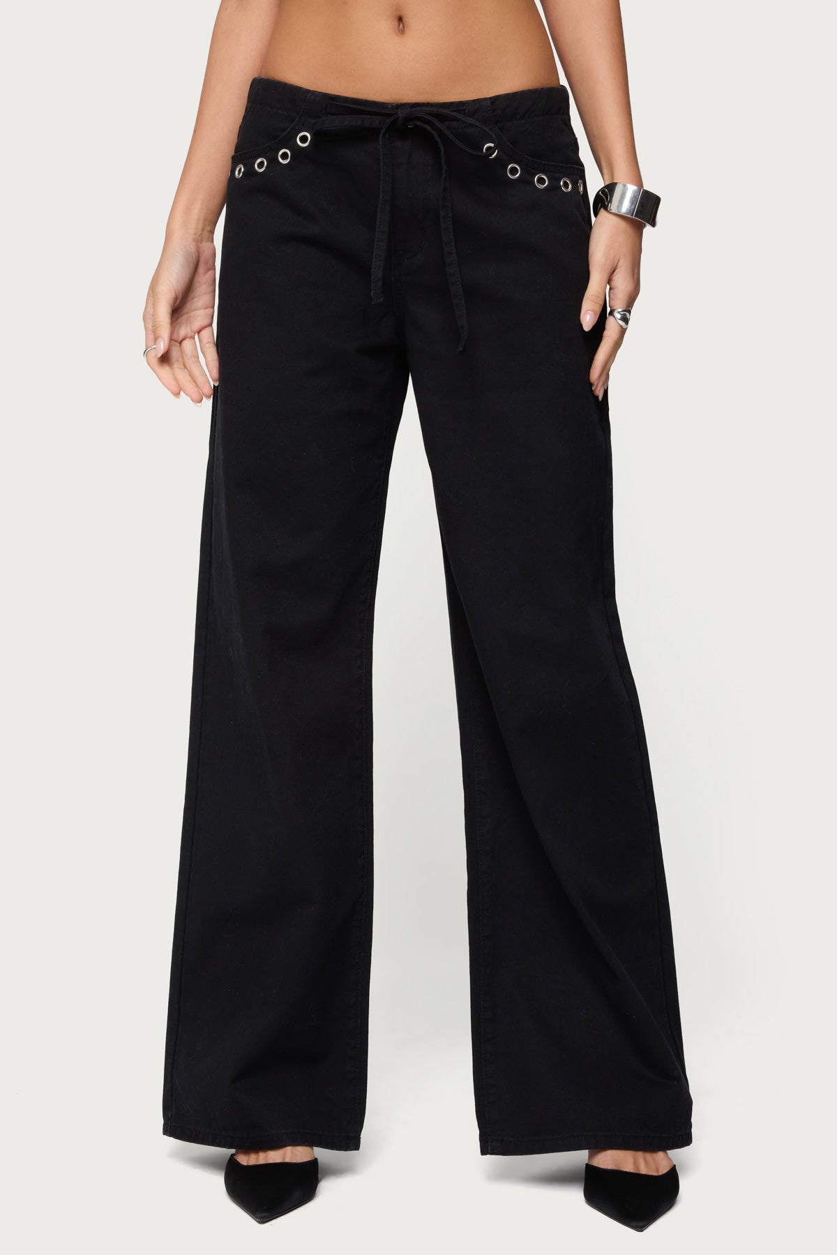 Grommet Tie Waist Low Rise Baggy Jeans - Image 2