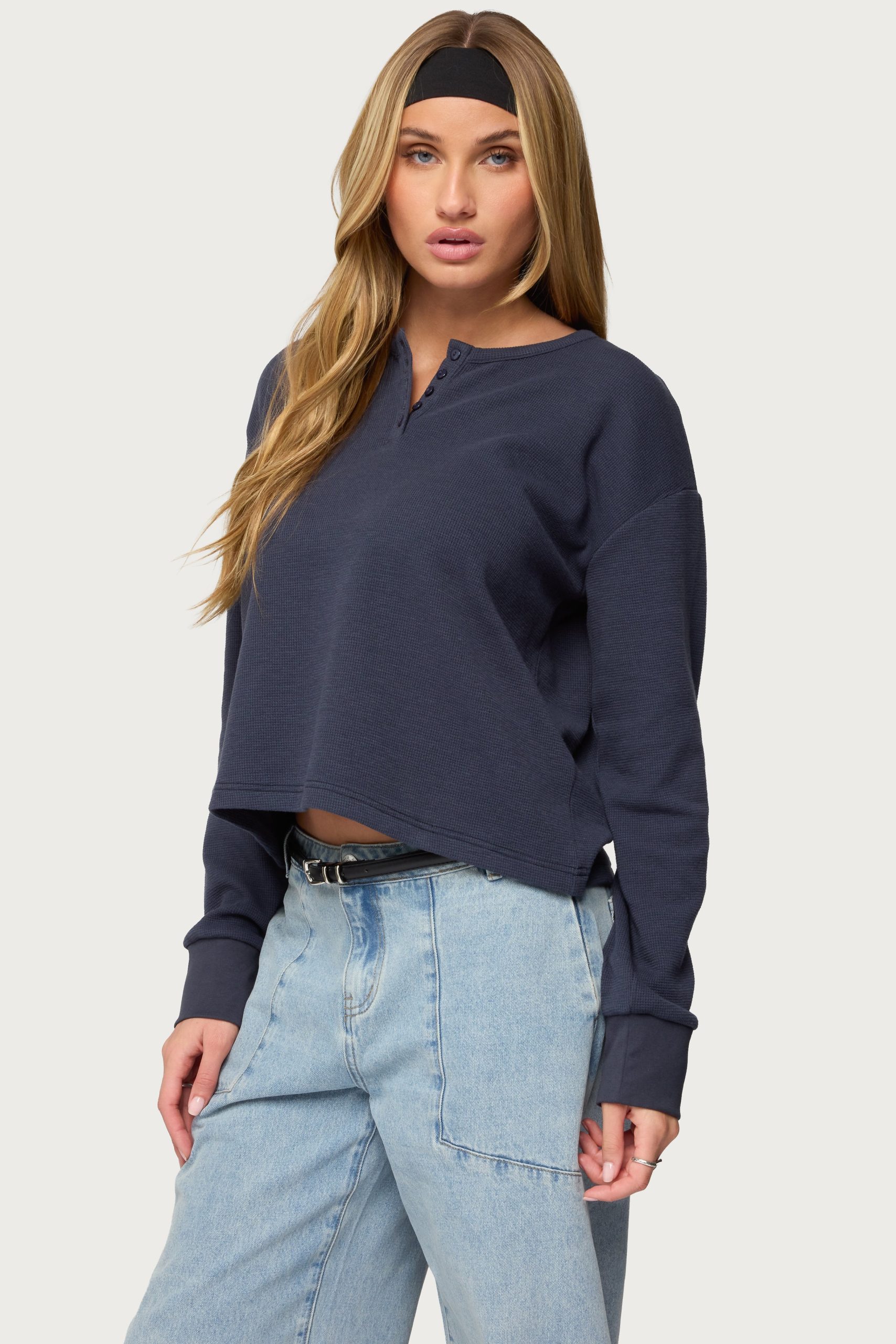 Deni Long Sleeve Henley Waffle Top - Image 3
