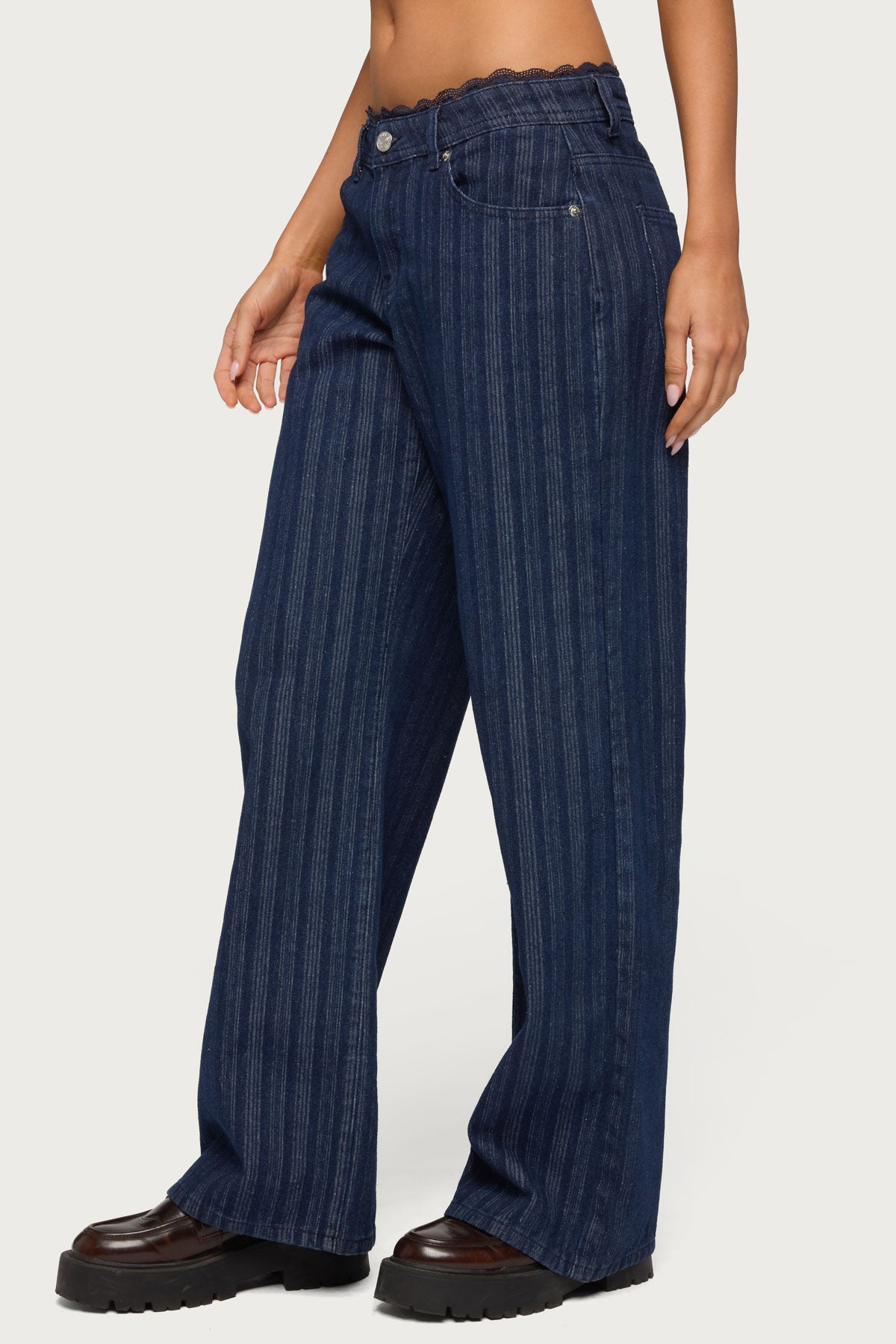 Lace Trim Striped Low Rise Baggy Jeans - Image 4