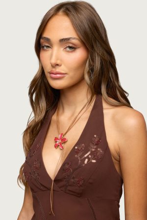Hibiscus Faux Suede Cascading Necklace