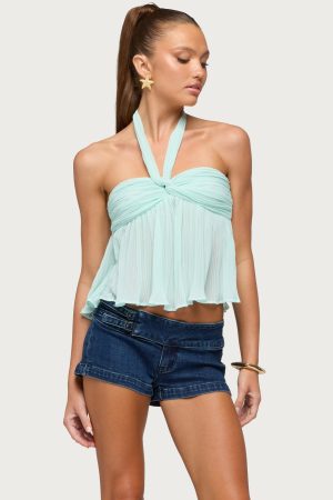 Pleated Chiffon Babydoll Halter Top