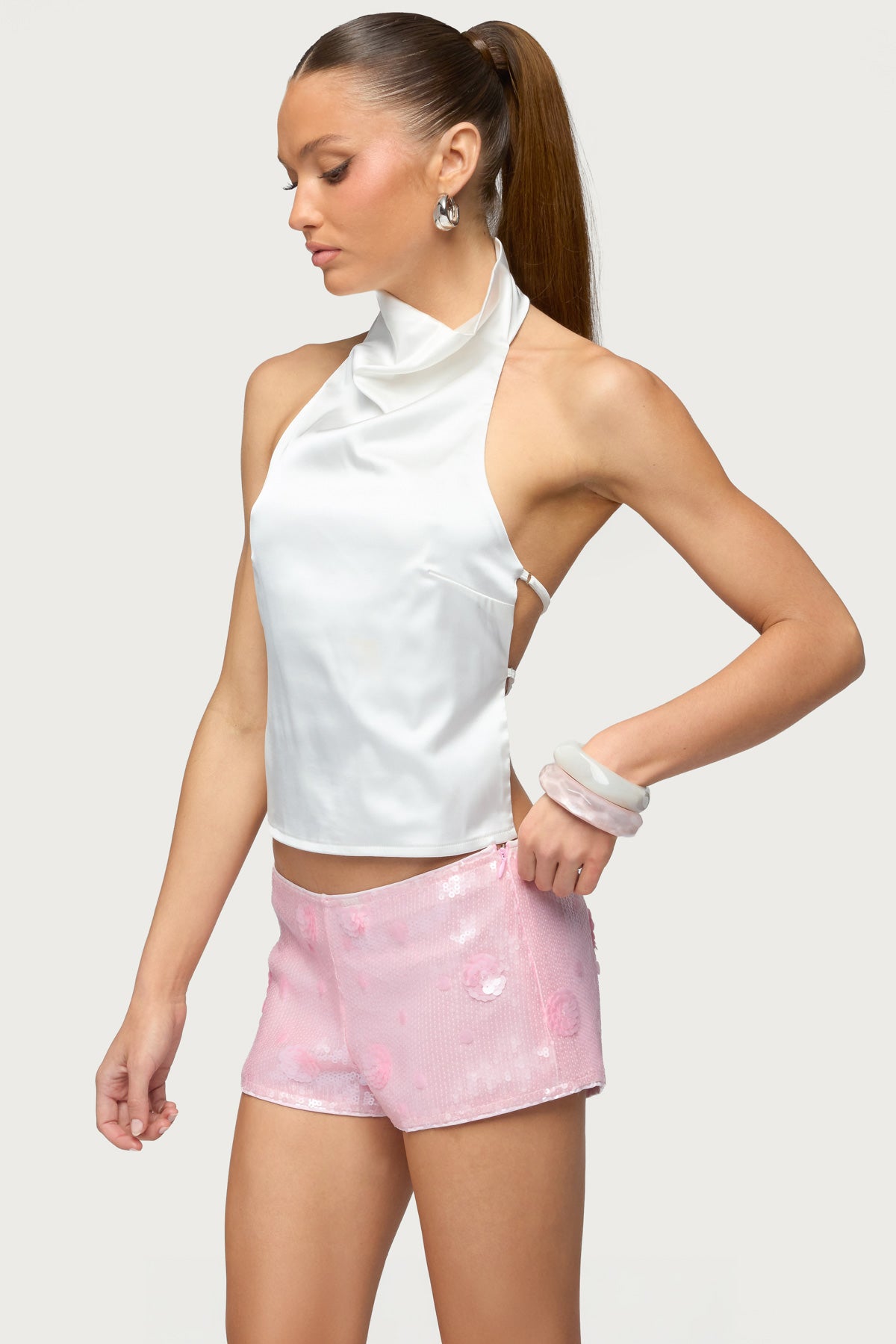 Satin Effect Backless Cowl Neck Top - Image 2