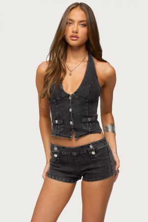 Sashe Button Up Denim Halter Top