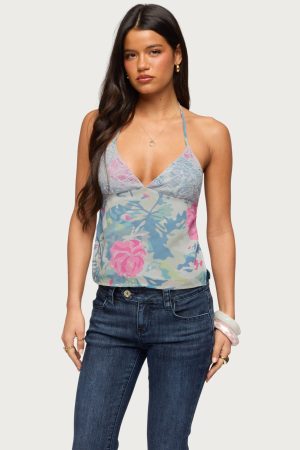 Bloomey Printed Backless Halter Top