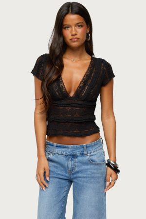 Avalee Sheer Lace V Neck Top