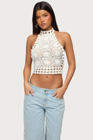 Backless Crochet High Neck Halter Top