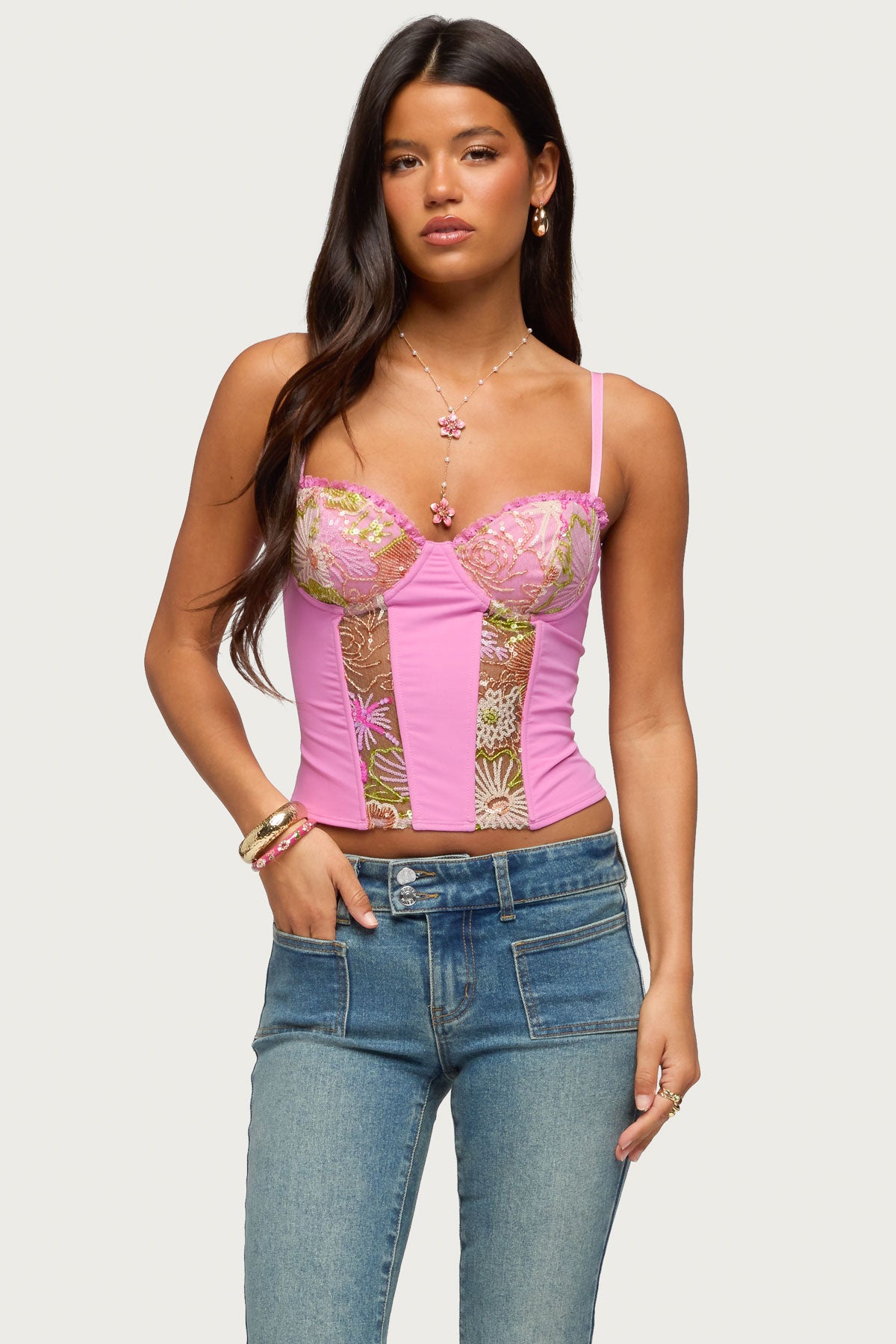 Inka Floral Sequin Bead Cupped Corset