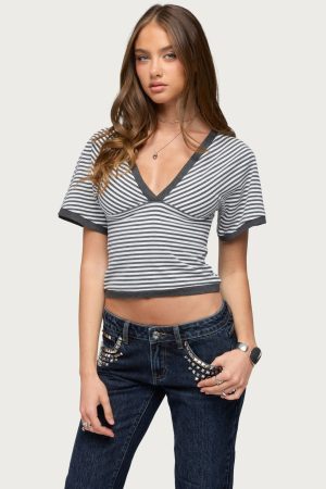 Primrosa Striped V Neck Flutter Top