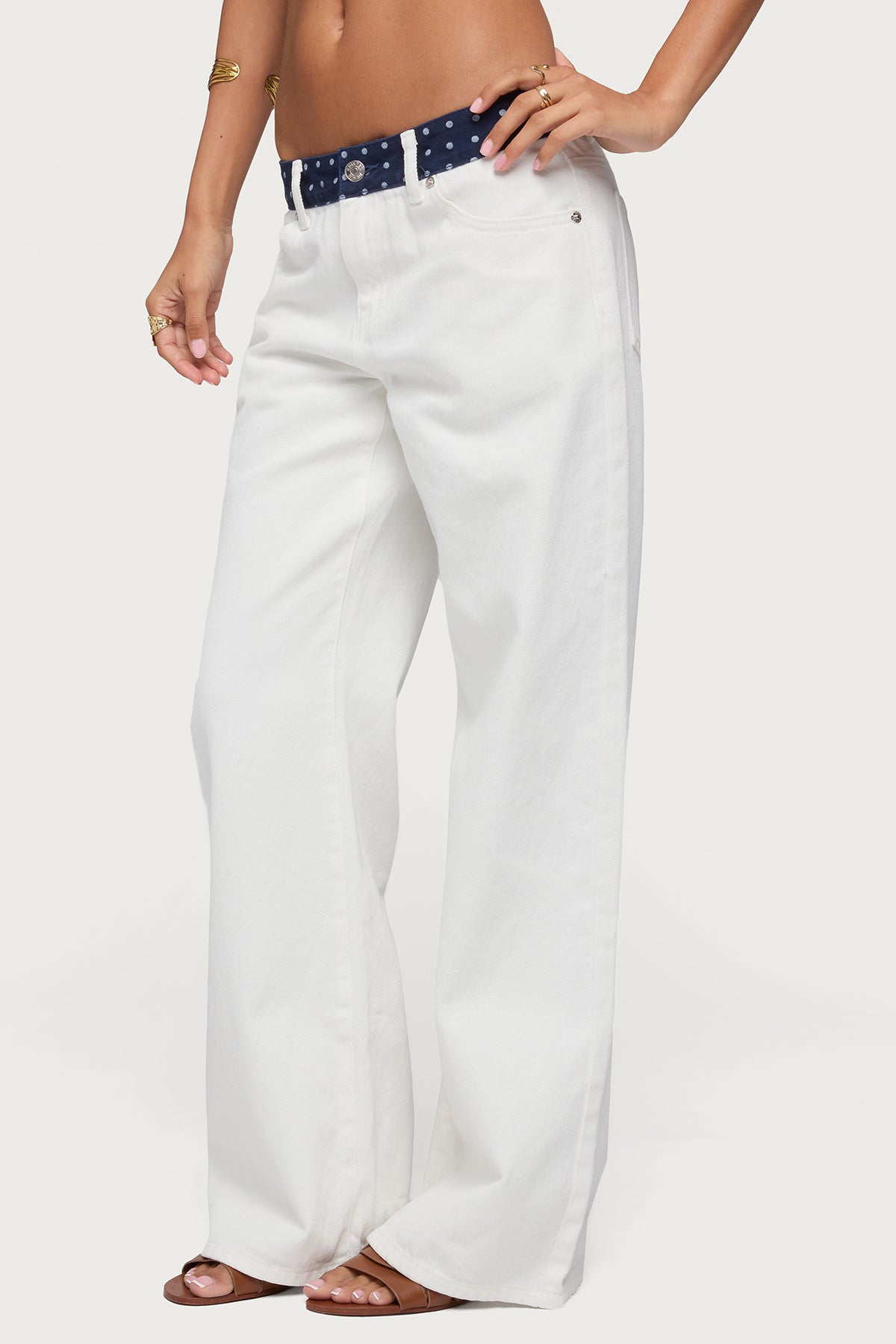 Polka Dot Waistband Low Rise Baggy Jeans - Image 3