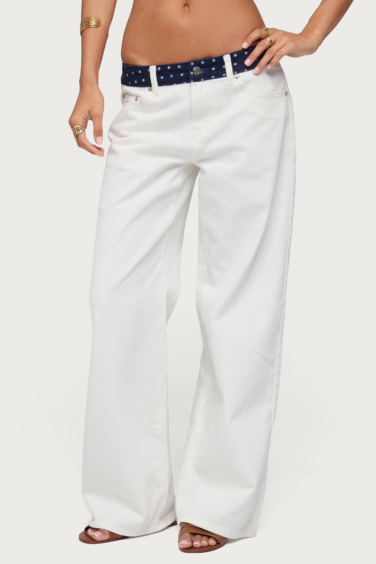 Polka Dot Waistband Low Rise Baggy Jeans - Image 2