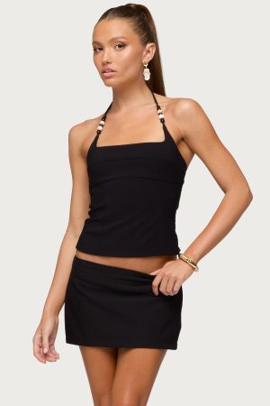 Yua Bead Stretchy Woven Halter Top