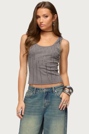 Beaded Fringe Ribbed Tank Top