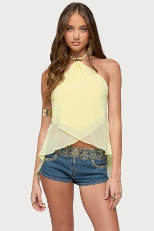 Chiffon Split Open Back Halter Top