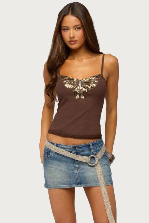 Sequin Butterfly Ribbed Tank Top
