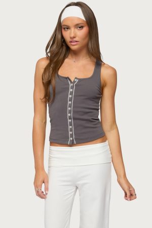 Contrast Button Up Ribbed Tank Top