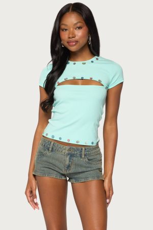 Suda Iridescent Button Cutout T Shirt